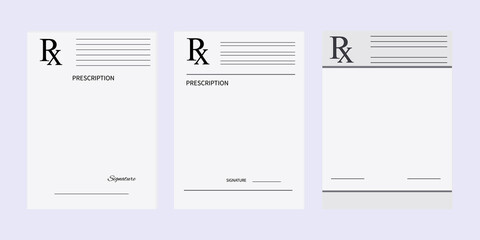 Prescription pad or rx medical form. Realistic set paper document 3 template of doctor's prescription. An example of a recipe for design. Medical marks report, healthcare concept. Vector illustration.