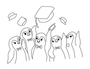 The outline of joyful penguins graduates celebrate graduation