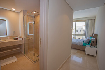 Interior design of double bedroom in house with en suite