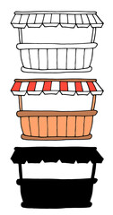 Vector isolated set of the product market. outdoor kiosk wooden brown counter with fabric awning with white and red stripes, black outline and silhouette on white background for design template