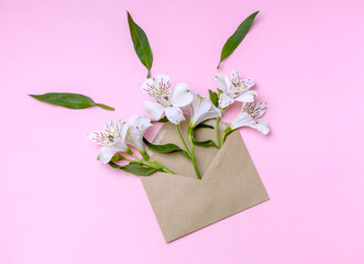 craft envelope with alstroemeria flowers. Creative Greeting Card