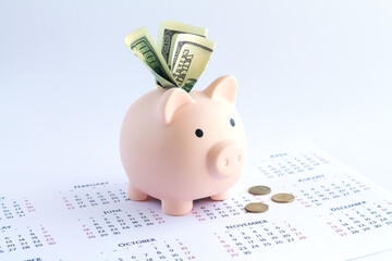Piggy bank with dollars and coins on calendar, deposit or savings money concept