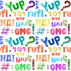 Watercolor illustrated pattern of social network and text shortcuts
