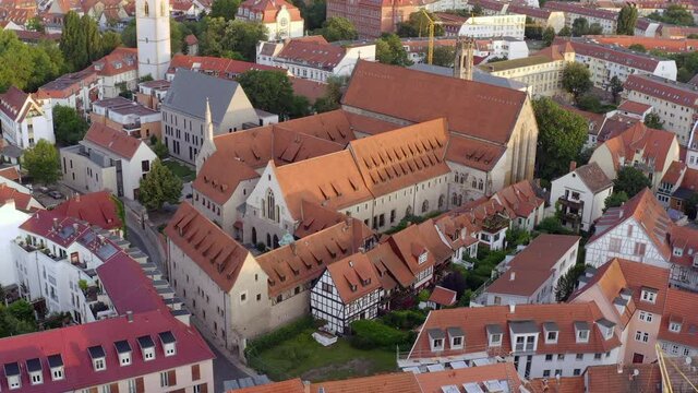Aerial Rising Over The Historic Augustinian Monastery Complex In The Heart Of A Quaint German Town, With Steep Roofs, Timber Framed Homes, Windows, And Narrow Streets - Erfurt, Germany