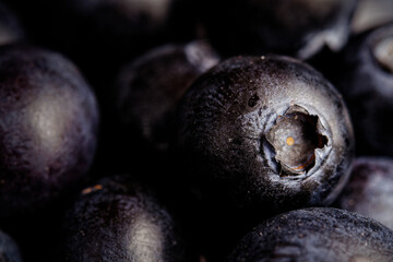 Close up of blueberries, with high magnification. Macro shot in low-key. 