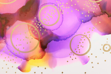 art photography of abstract fluid painting with alcohol ink, purple, orange, gold and pink colors