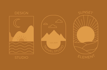 Set of line design templates with mountains, sun, sea, wave, .Editable vector illustrations for logo, website, sticker, tattoo,icon.