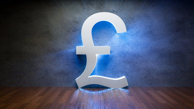 Symbol of British pound glowing in empty concrete room as currency signï¼Œ3D Rendering