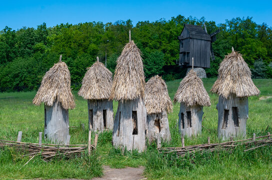 Old traditional beehive in open-air museum of folk architecture and folkways of Ukraine in Pyrohiv (Pirogovo) village near Kiev, Ukraine