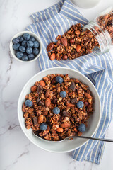 Homemade granola, muesli with pieces of dark chocolate, nuts and blueberries