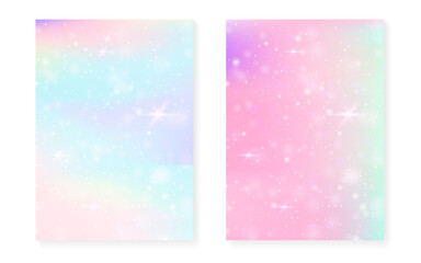 Unicorn background with kawaii magic gradient. Princess rainbow hologram.