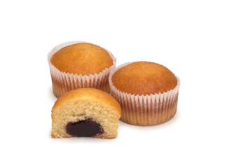 Two muffins and a half on white background, close up