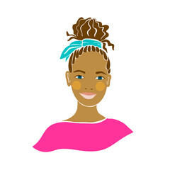 American teens black person girl. Beautiful women face vector illustration. Isolated flat vector. Cheerful smiling happy child portrait. Positive model. Social diversity.