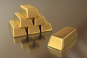gold bars on a mirror surface 3d rendering