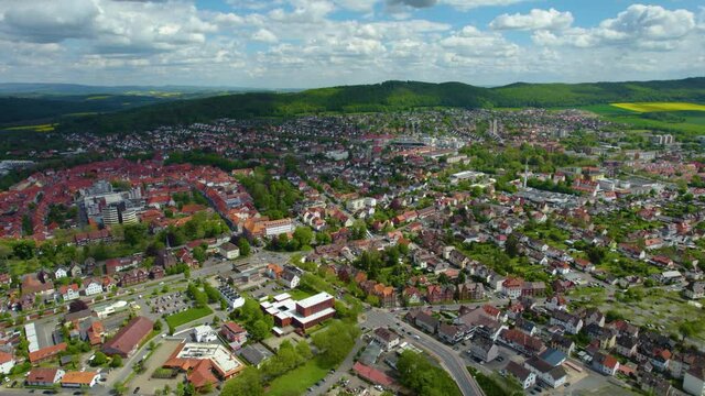 Titel: Aerial view of the city Northeim in Germany on a sunny day in spring.