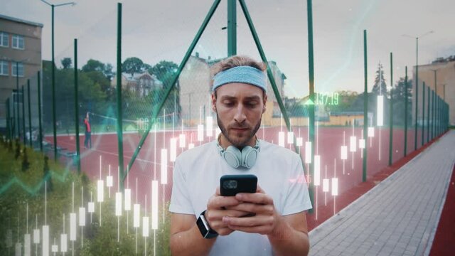 Successful trader checks his income after jogging, running and exercise. Animation of infographics. Augmented reality hologram of rise sales of crypto NFT. Concept visualization - Powered by Adobe