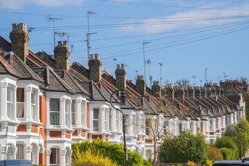 Row of traditional English terraced houses around Crouch End area in London