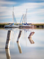 Marina with sailing boats at of City of Rust on lake Neusiedl  in Burgenland on a calm morning