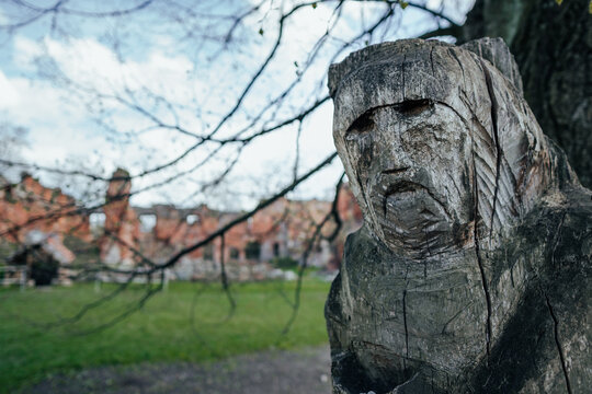 Wooden idl on the territory of the Insterburg castle in Chernyakhovsk, Kaliningrad region