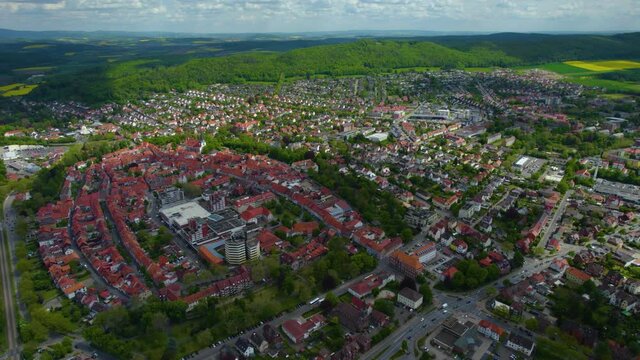 Aerial view of the city Northeim in Germany on a sunny day in spring.