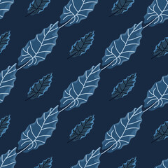 Fototapeta premium Herbal nature seamless pattern with doodle leaf silhouettes ornament. Navy blue background.