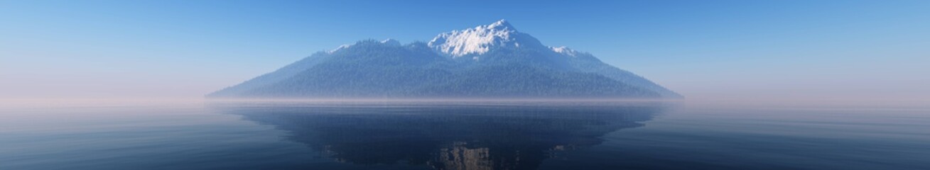 Snow mountain in the ocean, a peak in the snow, an island in the sea, 3D rendering