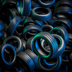 tires with green and blue lights - obrazy, fototapety, plakaty