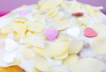 Small sweet sugar hearts decoration on the biscuit holidays Easter bakery.