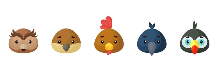 Fototapeta premium Cute birds heads set. Collection funny animals characters for kids cards, baby shower, birthday invitation, house interior. Bright colored childish vector illustration.