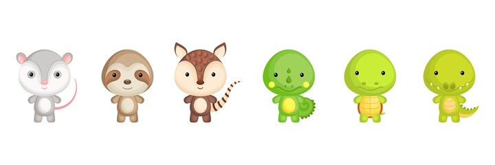 Fototapeta premium Collection of exotic little animals in cartoon style. Cute animals characters for kids cards, baby shower, birthday invitation, house interior. Bright colored childish vector illustration.