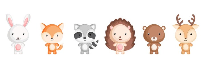 Collection of woodland little animals in cartoon style. Cute animals characters for kids cards, baby shower, birthday invitation, house interior. Bright colored childish vector illustration.
