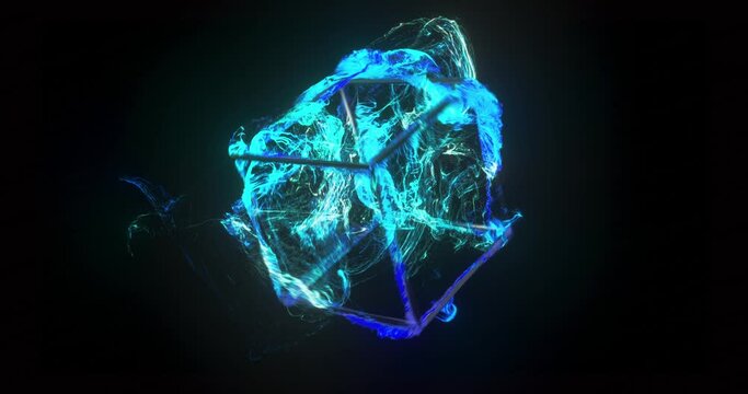 Abstract cube and blue particle flow. rotation of a cube and fluid dynamic. 4K loop