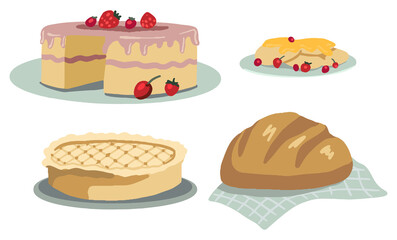Homemade cakes set. Cake, pie, pancakes, bread. Vector illustrations of cottagecore aesthetic. Simple drawings isolated on white. Cliparts for decor, stickers, design, card, print. Collection of food