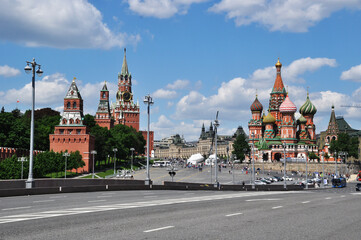 Panoramic view of the Moscow Kremlin and St. Basil's Cathedral. Moscow, Russia, May 22, 2021. Spring sunny day.