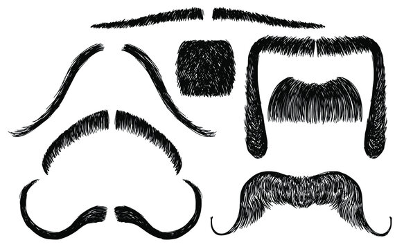 Set of vector mustache in sketch style on white isolate. Men's shave style. Clip art to create a guy image. Graphic elements for advertising a barbershop.