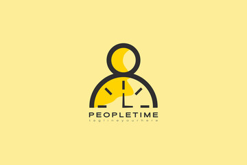 People Time Logo. Abstract People Logo. Black Geometric Shape Simple Human Icon Cutout Style With clock or Timer isolated on Brown Background. Flat Vector Logo Design Template Element.