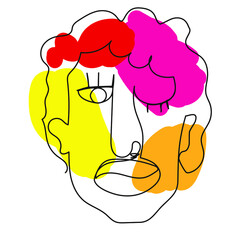 Simple human face in one line. Red-orange tones. Stock vector illustration. Calm and contemplation.