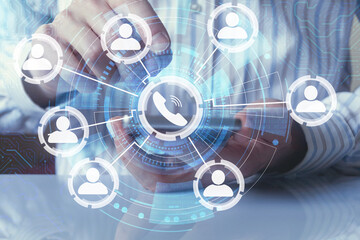 online meetings, smart phone video calling concept, using video meeting online app, businessman holding phone and touching screen