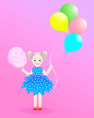 Cute smiling blonde girl kid with blue eyes holds cotton candy and colorful balloons. International Day of the Girl Child. Greeting card in cartoon style