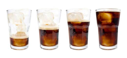 Cola in glass with cube ice isolated on white background