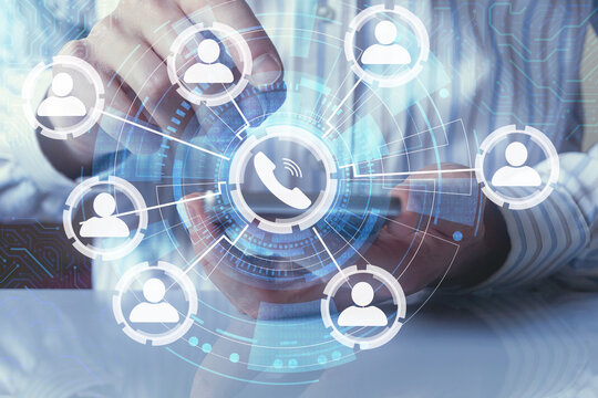 online meetings, smart phone video calling concept, using video meeting online app, businessman holding phone and touching screen