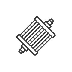 Gasoline filter icon. A simple linear image of a fuel filter. Fuel inlet on one side, outlet on the other. Isolated vector on pure white background.