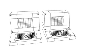 Classic retro perconal computer. Programming code concept. Wireframe low poly mesh vector illustration