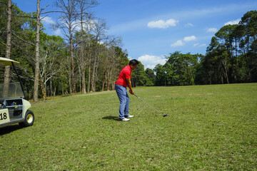 Golfer are playing golf beside golf cart.