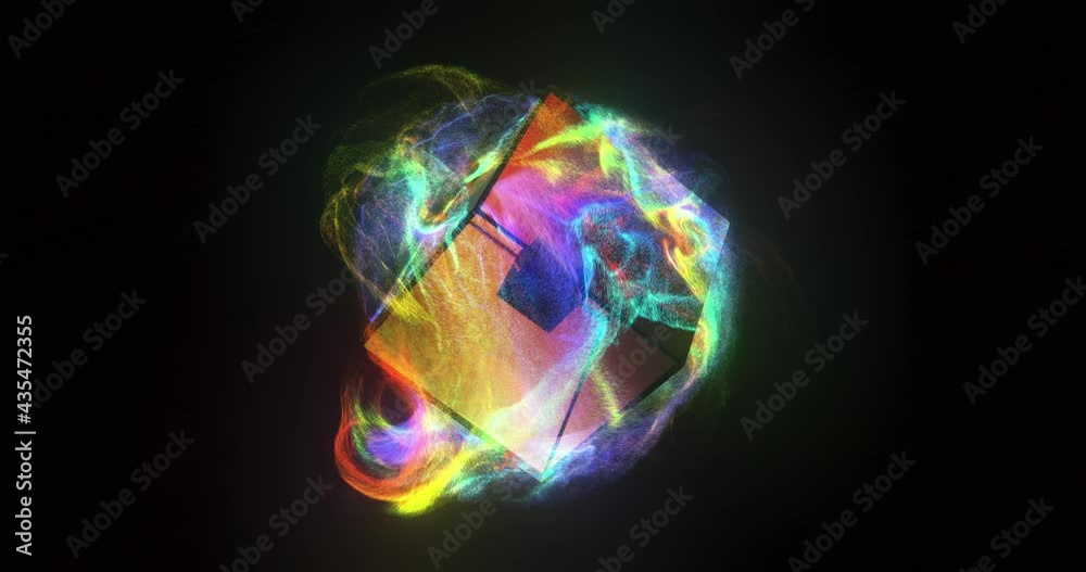 Poster abstract glass cube and colorful iridescent particle flow. rotation of a cube and fluid dynamic. ref