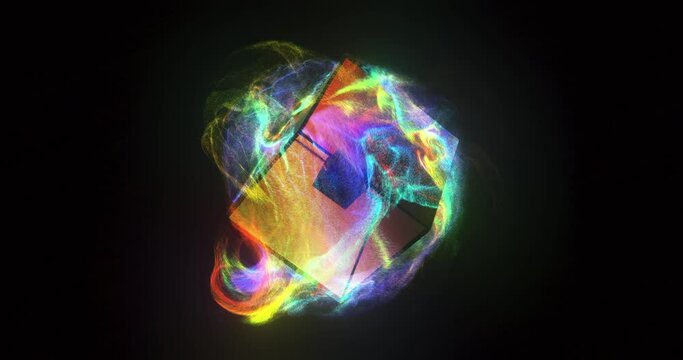 Abstract glass cube and colorful iridescent particle flow. rotation of a cube and fluid dynamic. reflection and refraction. 4K loop