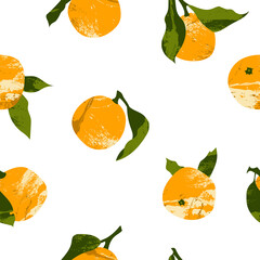 Seamless pattern with juicy mandarin, tangerine, orange, clementine. Fresh citrus fruit, healthy organic food. Ripe fruits with leaves. Vector flat cartoon botanical illustration for textile, wrapping