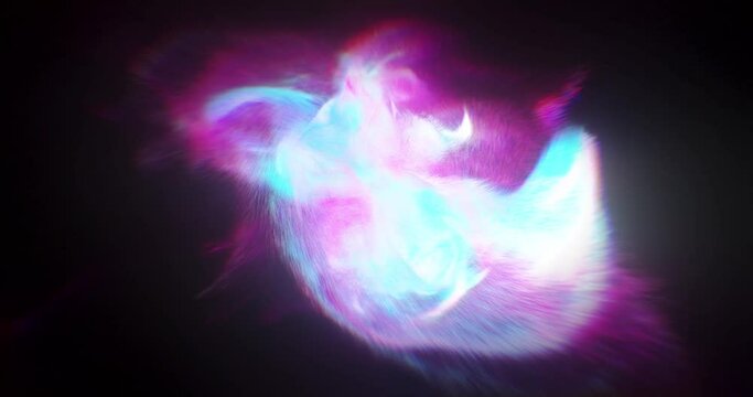 Abstract colorful particle plasma with explosive motion on a black background. Iridescent shapes flowing from center. 4K loop