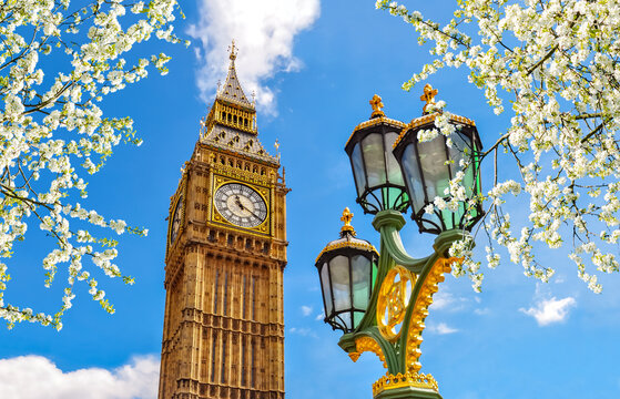 Big Ben tower and Westminster street lamp in spring, London, UK