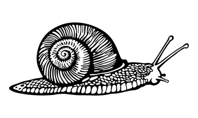 Hand drawn graphic illustration of Snail. Common grape Snail. Vector illustration of Garden Snail. Realistic Slug with radial shell on white background. Engraved animal for label, logo, cosmetic cream